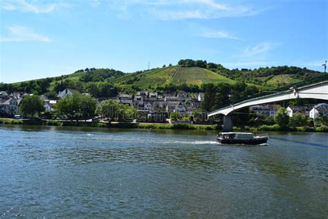 Zell An Der Mosel Germany Small Ship Under A Thin Bridge