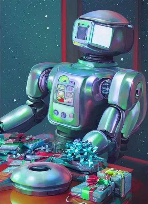 Robot From Future Asleep At Christmas Surrounded By Stable Diffusion