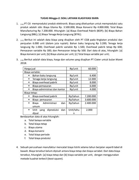 21 Soal Konsep Biaya Dan Klasifikasi Biaya B Tugas Minggu 2 Soal