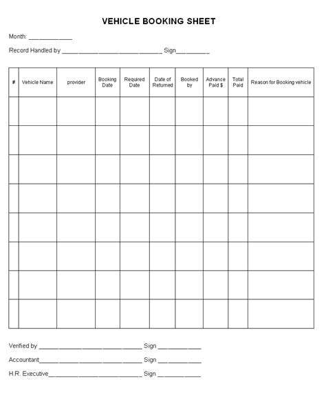 Vehicle Booking Sheet Format