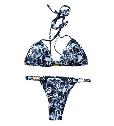 Free Shipping Sexy Print Halter Metal Buckle Bikini Set Swimsuit