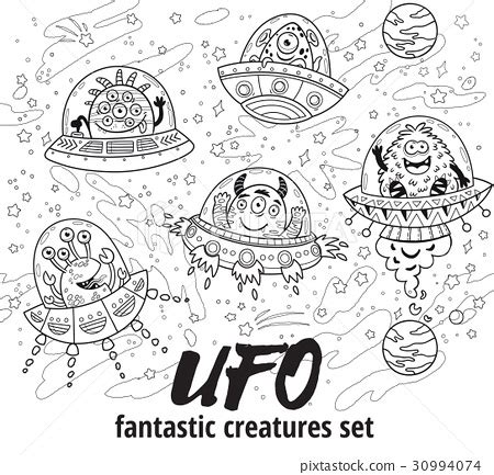 Ufo Fantastic Creatures Set In Outline Vector Stock Illustration