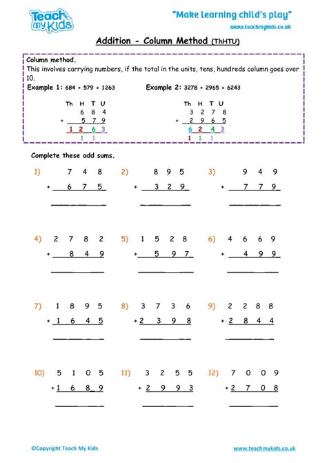 Addition Column Method Thhtu Worksheets Library