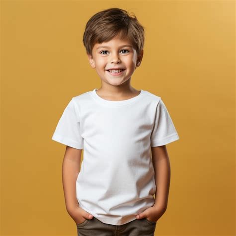 Un niño con una camisa blanca que dice está sonriendo Foto Premium