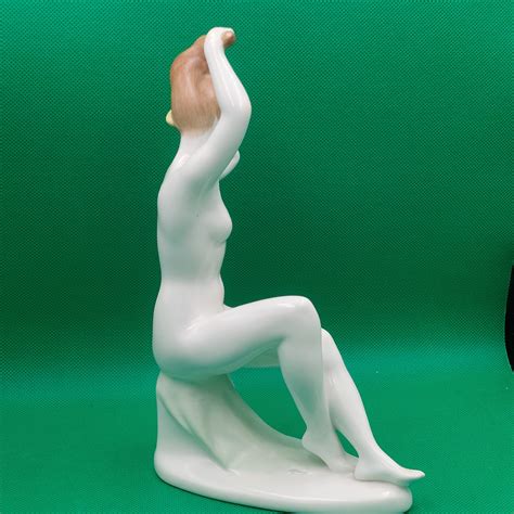 Sitting Woman Statuette Nude Woman Combing Her Hair Porcelain Hungary