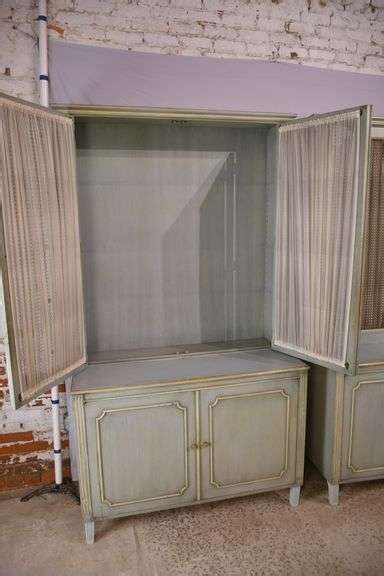 Pair Of Large Blue Step Back Cabinets With Off White Trim R