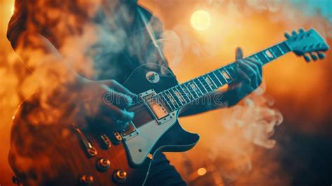 Rockstar Guitarist Performs on Stage with Dramatic Lighting and Smoke ...