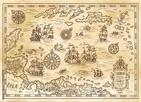 Ancient pirate map of the Caribbean Sea with ships, islands and fantasy ...