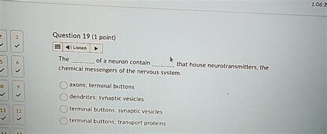 VIDEO solution: 1:06:2 Question 19 (1 point) Listen The of a neuron ...