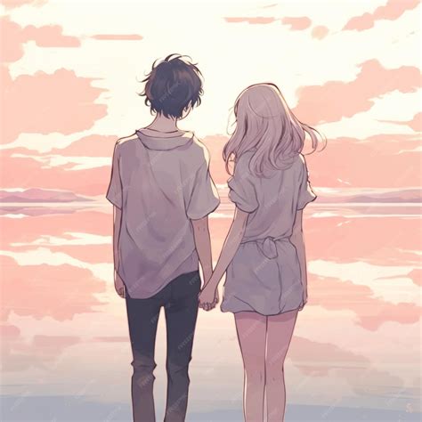 Premium AI Image | anime couple standing on beach looking at the ocean at sunset generative ai