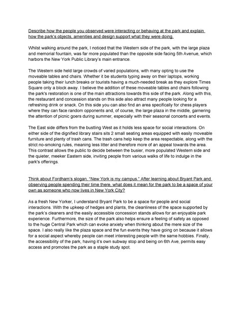 Bryant Park Philosophy Assignment - Describe how the people you
