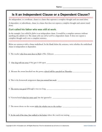 Is It An Independent Clause Or A Dependent Clause Grammar Worksheets