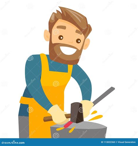 Blacksmith Working Metal With Hammer On The Anvil Stock Vector