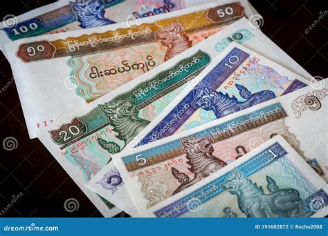 Myanmar Currency Kyat Banknotes Of Various Denominations Stock Photo