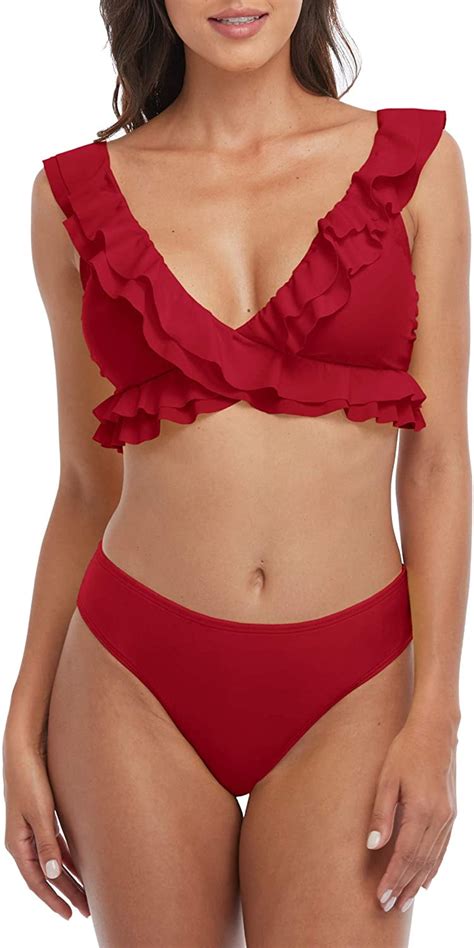 Charmo Women Ruffle Bikini Set Flounce Strap V Neck Low Rise Two Pieces