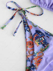 ZAFUL Chinoiserie Dragon Print Tanga String Bikini Swimwear In LIGHT PURPLE ZAFUL