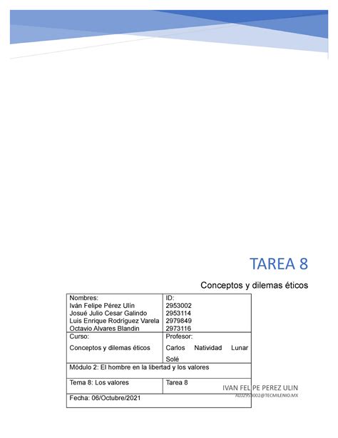 Tarea 8 Opción 1 TAREA 8 Conceptos y dilemas éticos Nombres Iván