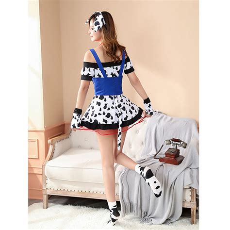 5pcs Cute Milk Cow Girl Off Shoulder Fake Two Pieces Mini Dress Set