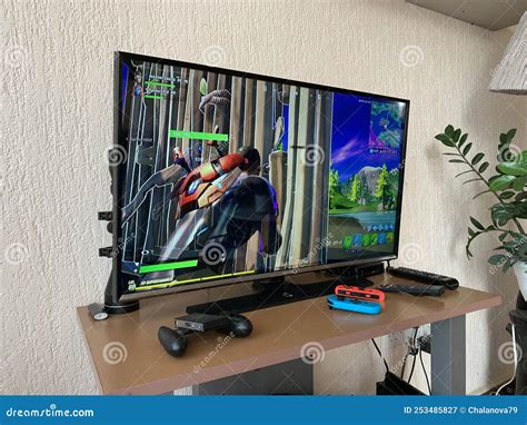 10.04.2021 Cyprus Paphos Tv Set with Fortnite Computer Game on Screen
