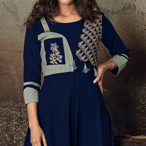 Blue Floral Embroidered Rayon Kurti