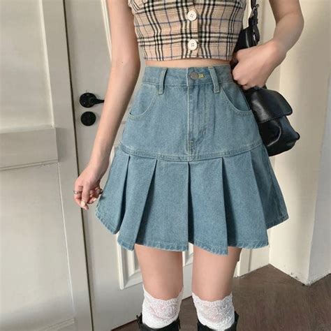 Y2K Light Blue Denim Pleated Mini Skirt Blue L Mini Skirts