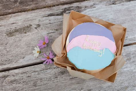 Birthday Cake With Flowers On Retro Wooden Table Pink Tart In Naked Style With Letters Stock