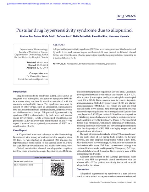 PDF Pustular Drug Hypersensitivity Syndrome Due To Allopurinol