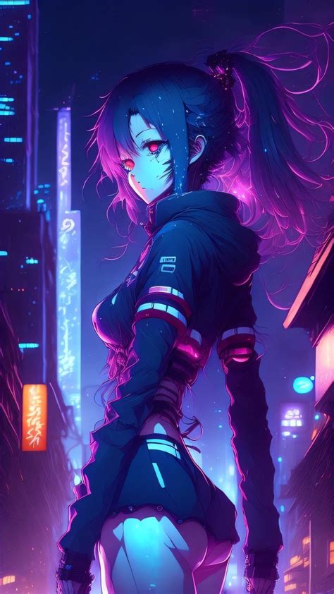 An Anime Girl Standing In The Middle Of A City At Night