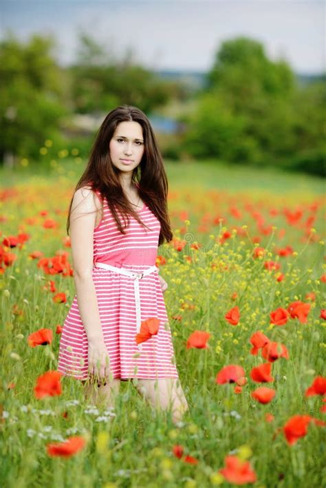 Brunette In Poppy Field Stock Photo Image Of Meadow