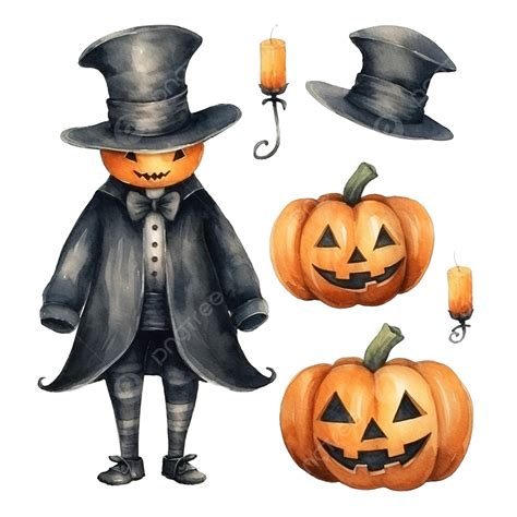 Conjunto De Ilustración Acuarela De Calabaza De Halloween Con Disfraz