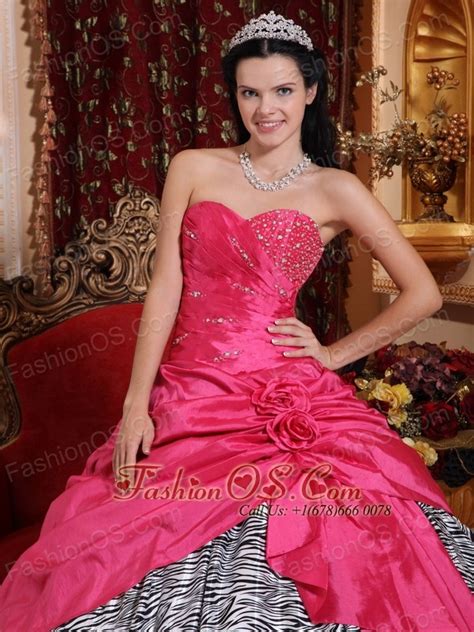 Elegant Hot Pink Sweet 16 Dress Sweetheart Taffeta And Zebra Beading