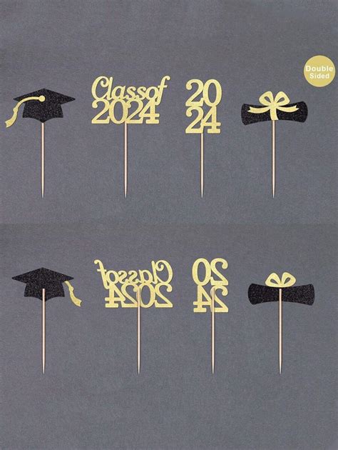 12pcs Congrats Grad 2024 Cake Topper Black And Gold Glitter Graduation