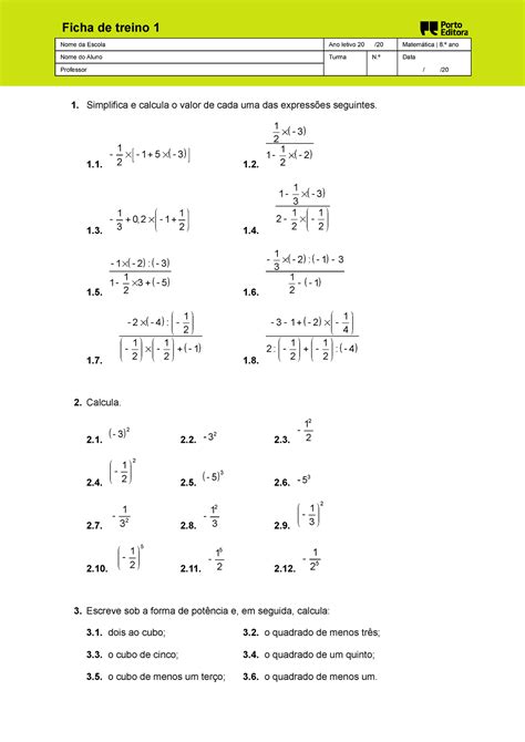 ma8 1 ficha treino 1 docx Nome da Escola Ano letivo 20 20 Matemática