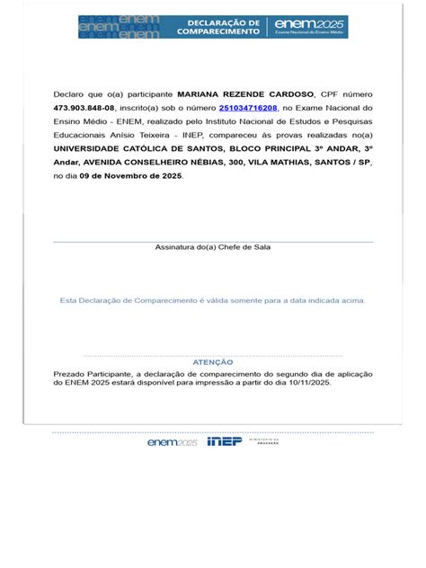 Declaração de Comparecimento ENEM 2025 | PDF
