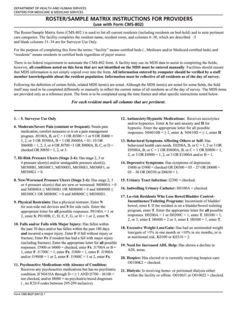 Form Cms 802p Rostersample Matrix Provider Instructions Printable