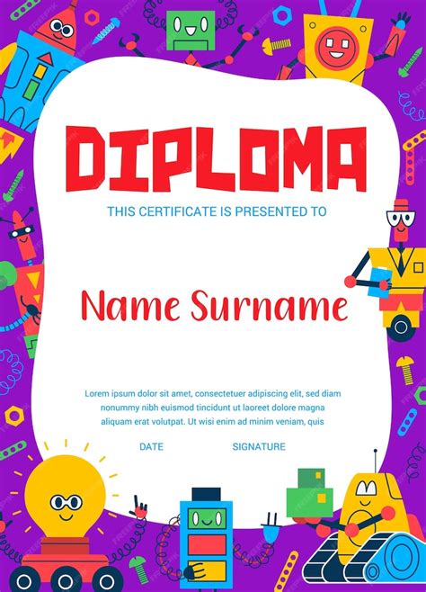 Premium Vector | Kids diploma of cartoon funny robot and droid toys