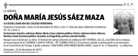 DOÑA MARÍA JESÚS SÁEZ MAZA Esquela Necrológica El Diario Montañés