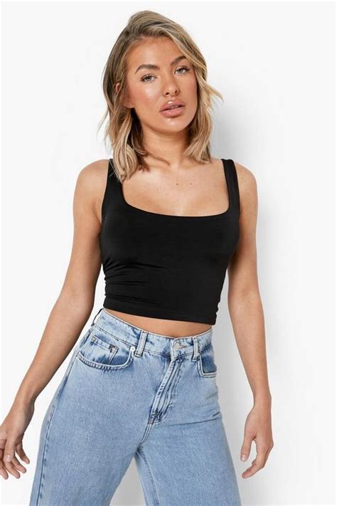 Tops Double Layer Scoop Neck Strappy Crop Top Boohoo