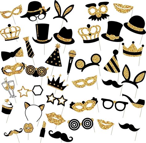 Birthday Party Photo Props Kit 40Pieces Black And Gold Photo Booth