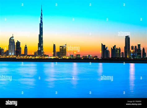 Dubai Skyline At Dusk Uae Stock Photo Alamy