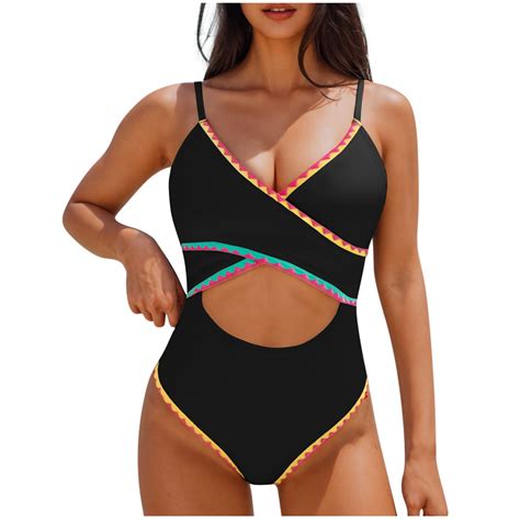 Efsteb Trendy Bikini Sets For Women Bathing Suit For Women Color Block Cut Out V Neck Swimsuit