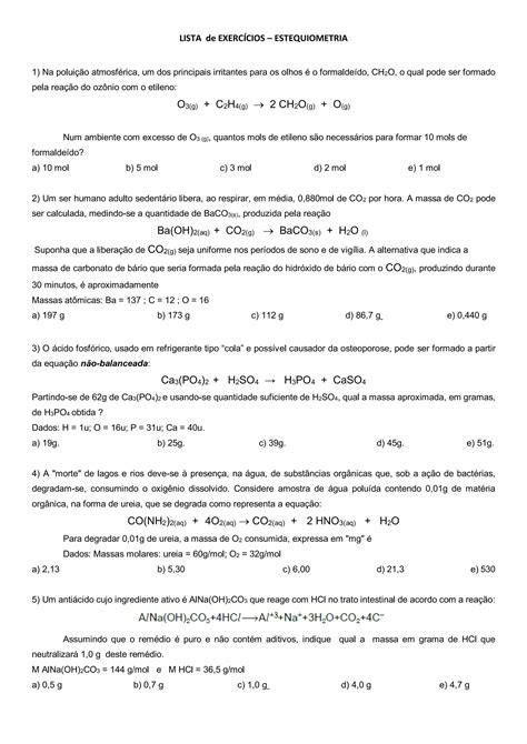 Lista de exercícios estequiometria PDF