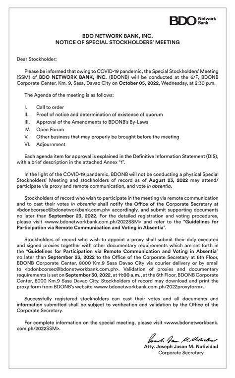 BDO Network Bank Inc Notice Of Special Stockholders Meeting