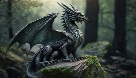 Premium Photo Forest Dark Dragon With Wings Sitting On Stone In Green