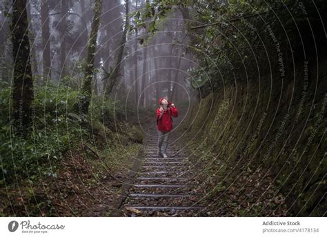 Junge Ethnische Frau Beim Wandern Im Wald Bei Regnerischem Wetter Ein Lizenzfreies Stock Foto