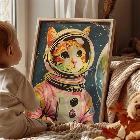 Retro Style Pink Astronaut Cat Illustration Poster Or Canvas Print Cat