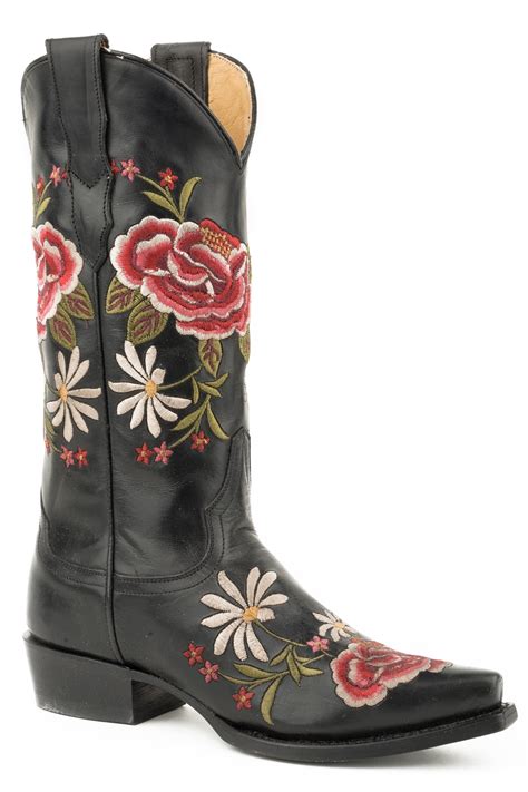 Stetson 13In Flower Womens Black Leather Rose Cowboy Boots 8 5