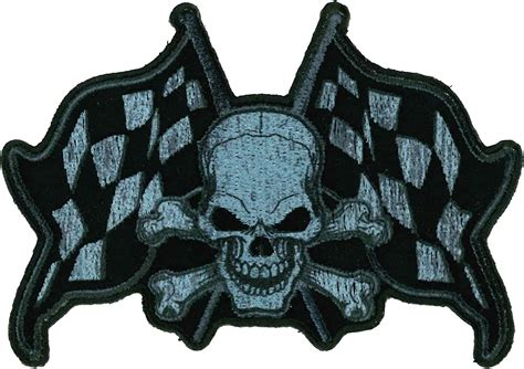 Checkered Flags Patch Bones Wskull Embroidered Iron Onsew On Biker