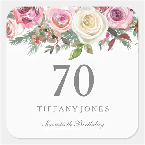 Elegant White Rose Pink Floral 70th Birthday Square Sticker Zazzle