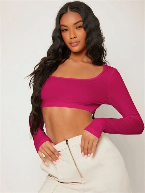 Basics Top Corto De Cuello Scoop Unicolor Rosa Fucsia Yaxa Guatemala